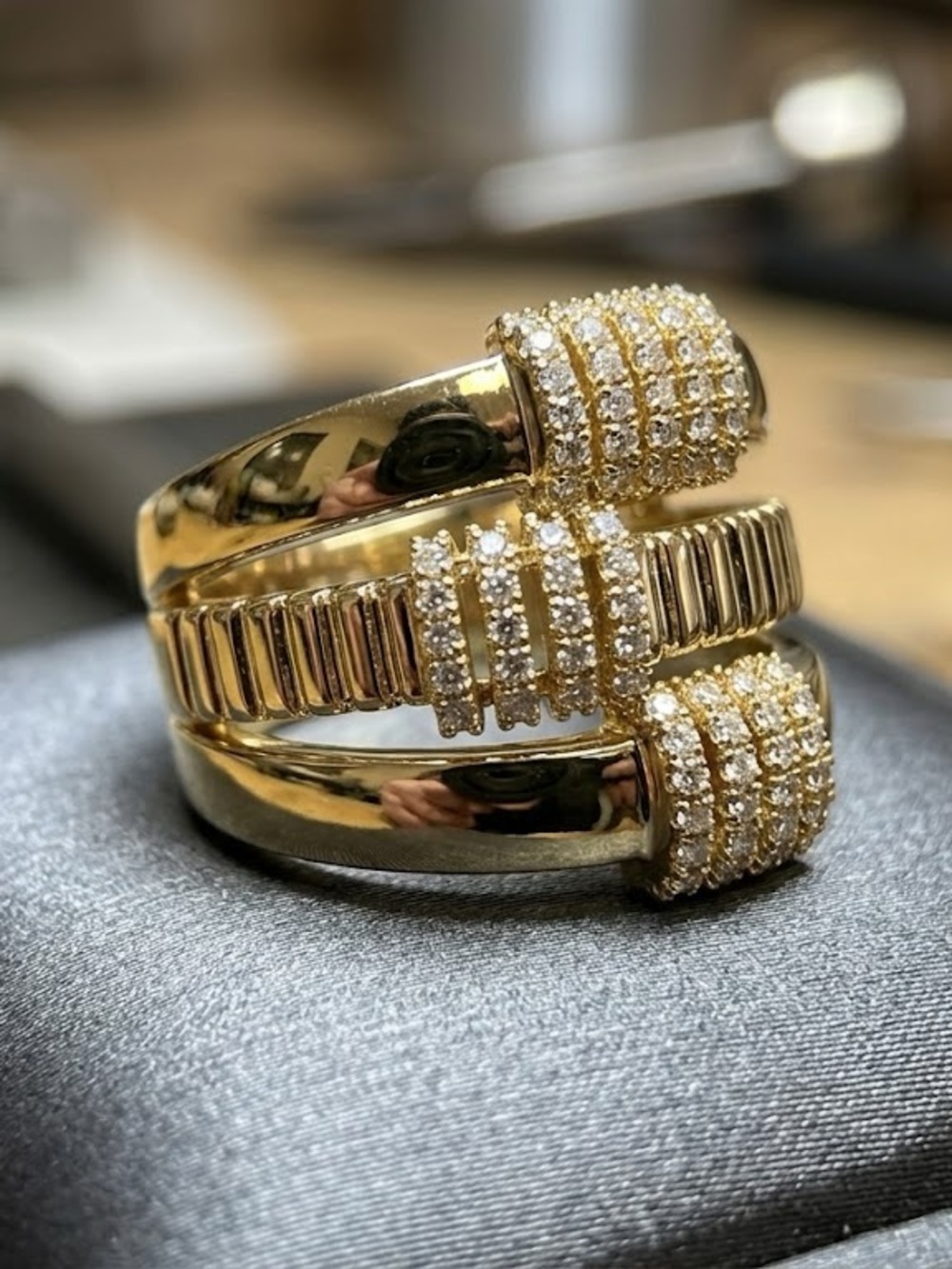 Stunning 14K Gold Filled Triple Row Statement Ring - Pavé Accents - Adj.